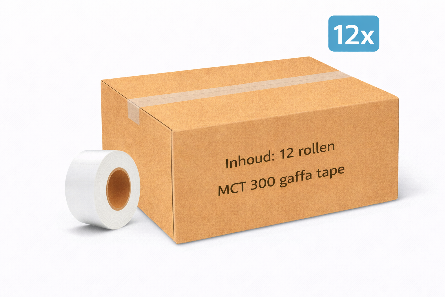 doos met 12x MegaTape MCT 300 Gaffa tape 100 mm wit rol 50m voor events, theater en beurzen