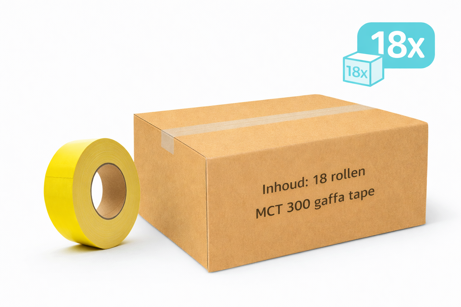 doos met 18x MegaTape MCT 300 Gaffa tape 50 mm geel rol 50m voor events, theater en beurzen