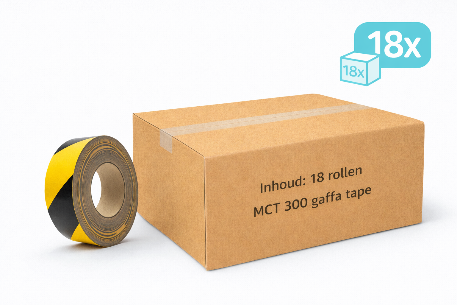 doos met 18x MegaTape MCT 300 Gaffa tape 50 mm hazard rol 50m voor events, theater en beurzen