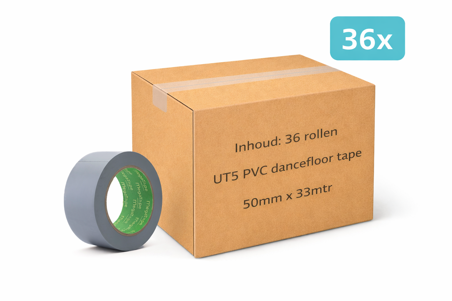 doos met 36x MegaTape UT5 PVC dansvloer tape 33 m op rol 50 mm grijs voor events, theater en beurzen