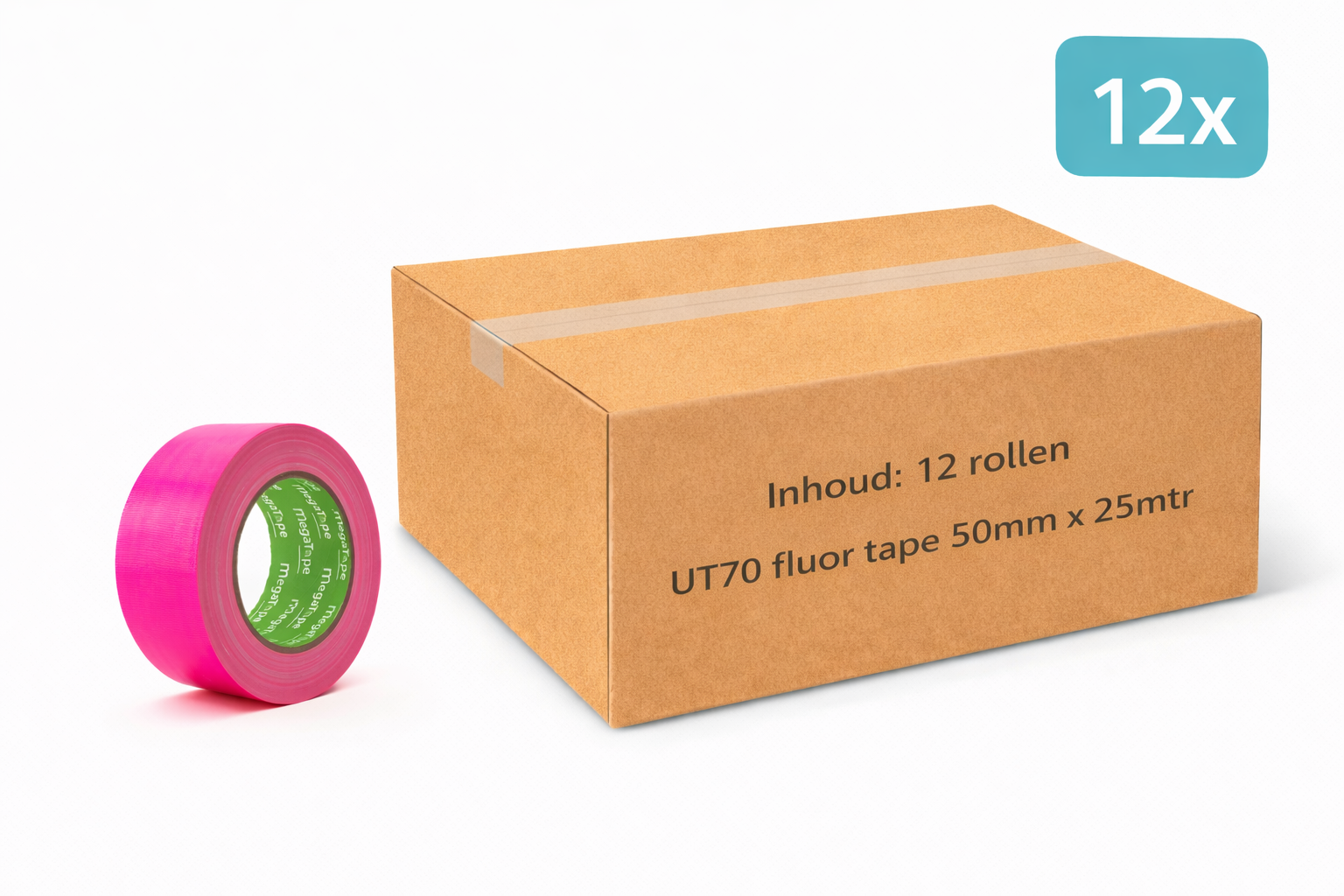 doos met 12x MegaTape UT70 fluor gaffa tape 25 m op rol 50 mm rose voor events, theater en beurzen