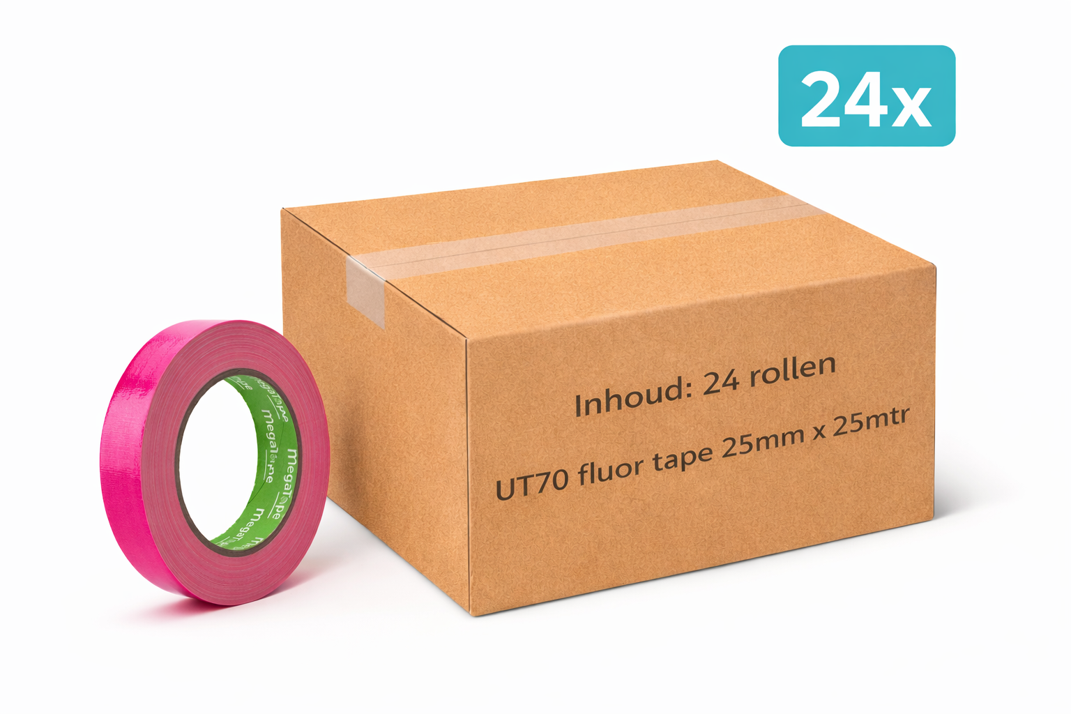 doos met 24x MegaTape UT70 fluor gaffa tape 25 m op rol 25 mm rose voor events, theater en beurzen