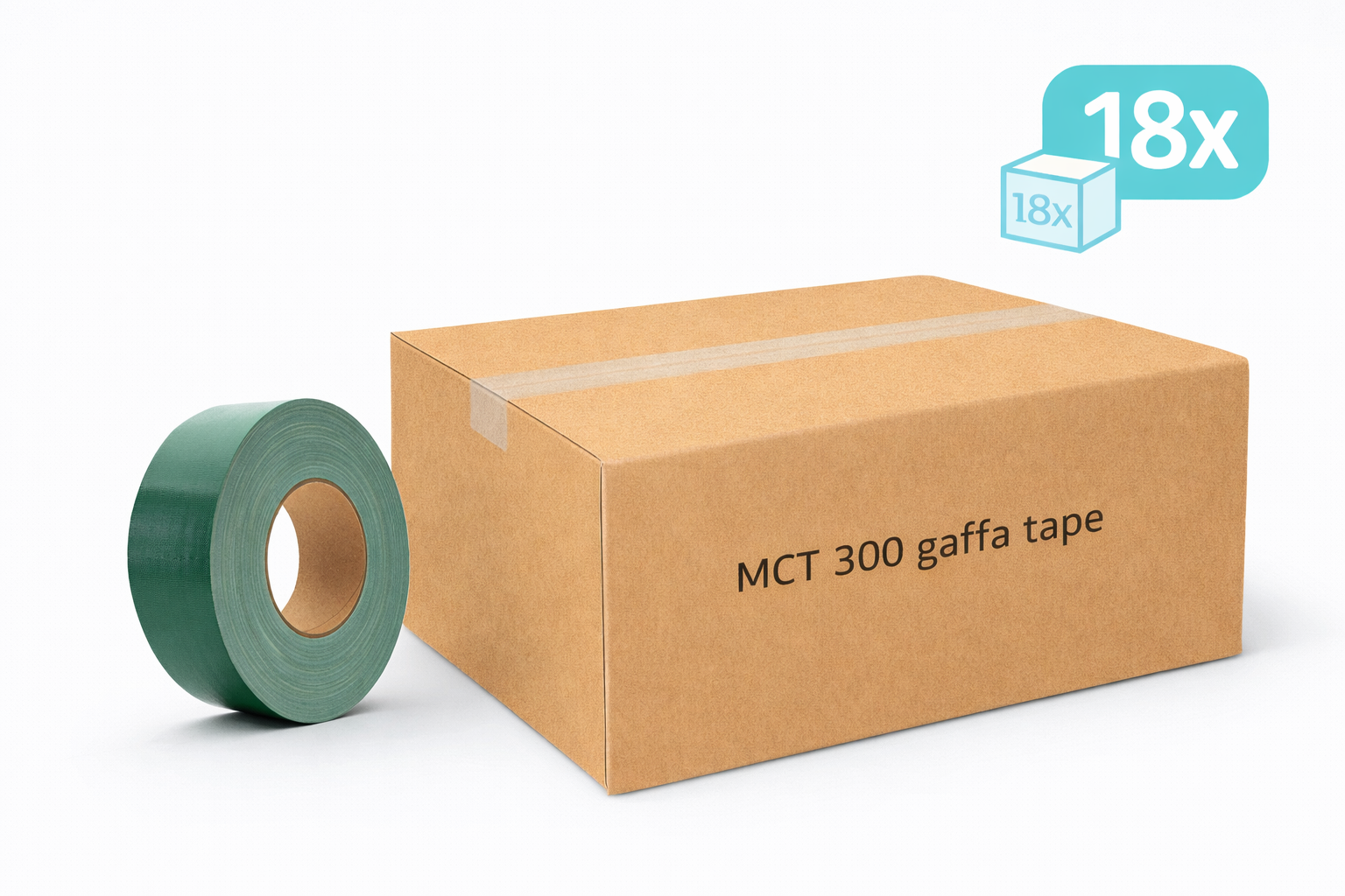 doos met 18x MegaTape MCT 300 Gaffa tape 50 mm groen rol 50m voor events, theater en beurzen