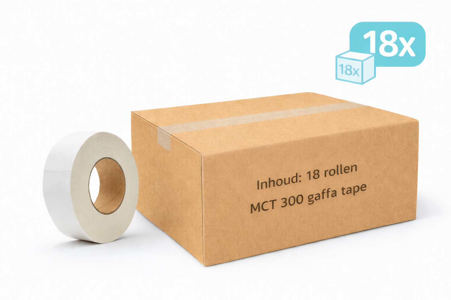 doos met 18x MegaTape MCT 300 Gaffa tape 50 mm wit rol 50m voor events, theater en beurzen