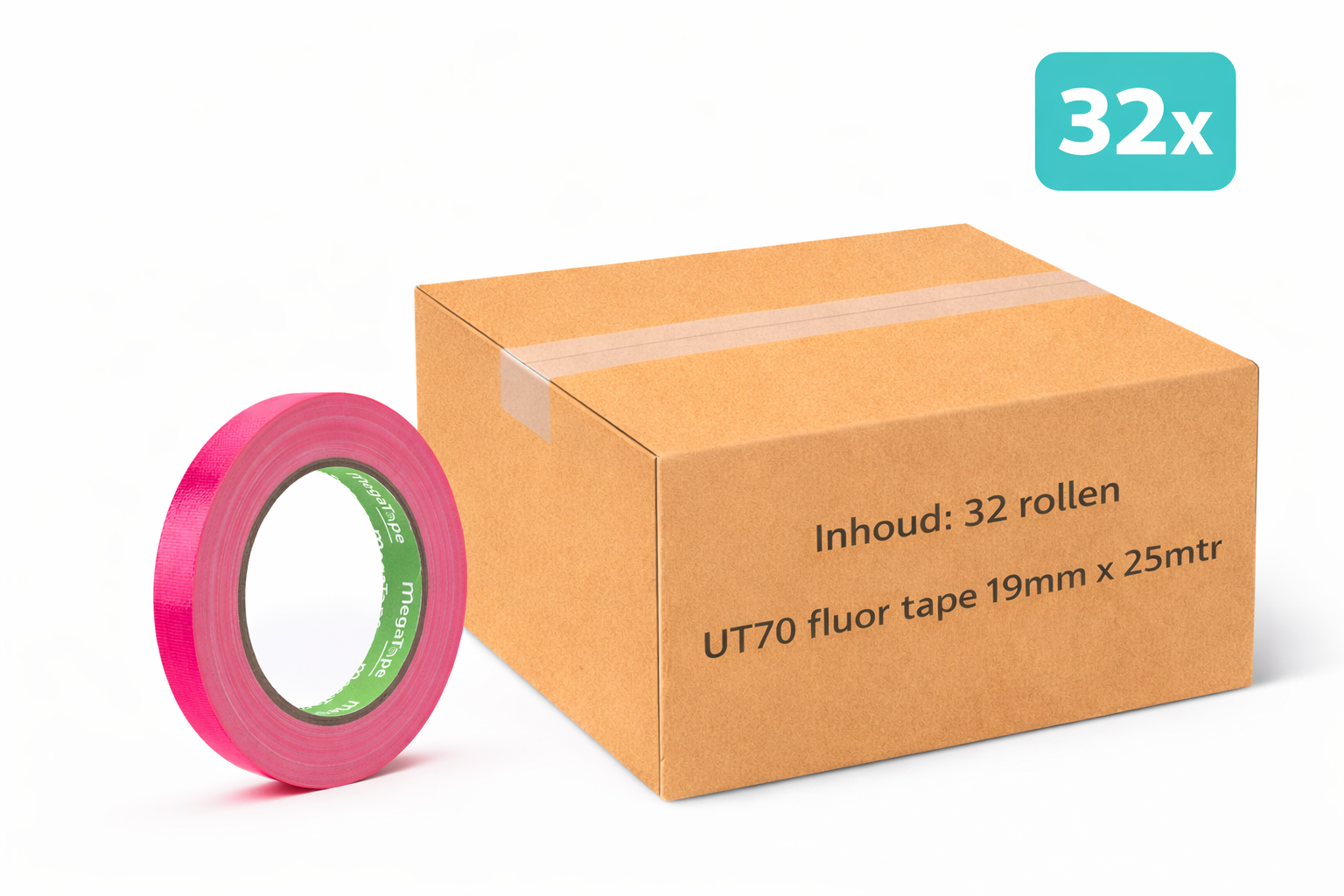 doos met 32x MegaTape UT70 fluor gaffa tape 25 m op rol 19 mm rose voor events, theater en beurzen