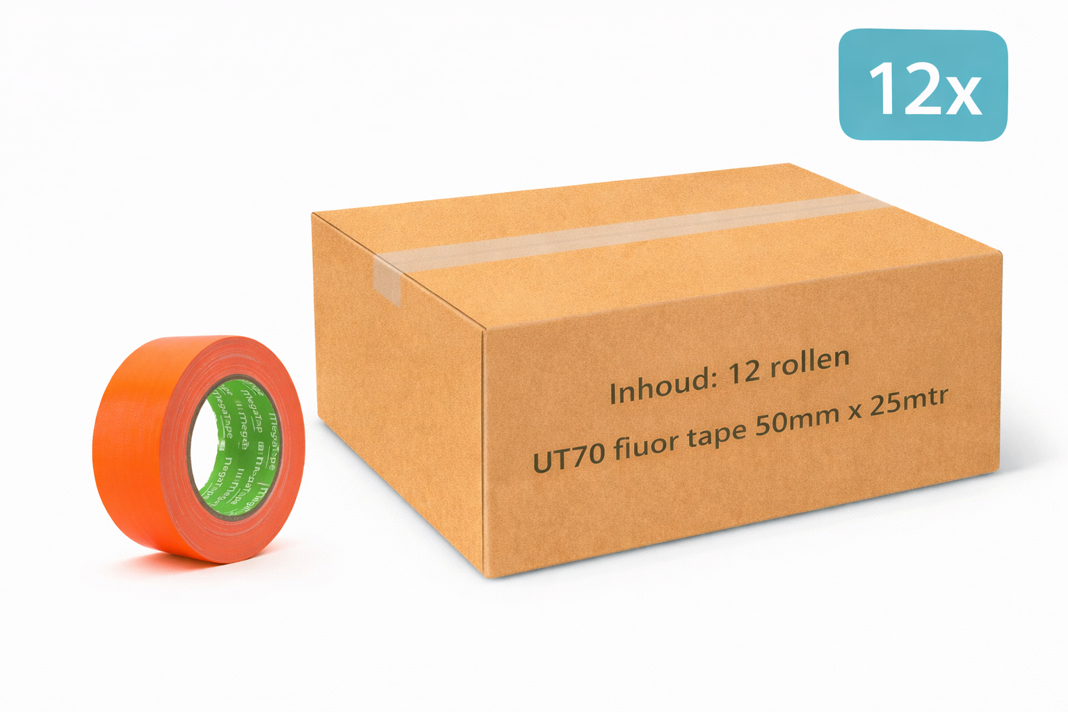 doos met 12x MegaTape UT70 fluor gaffa tape 25 m op rol 50 mm oranje voor events, theater en beurzen